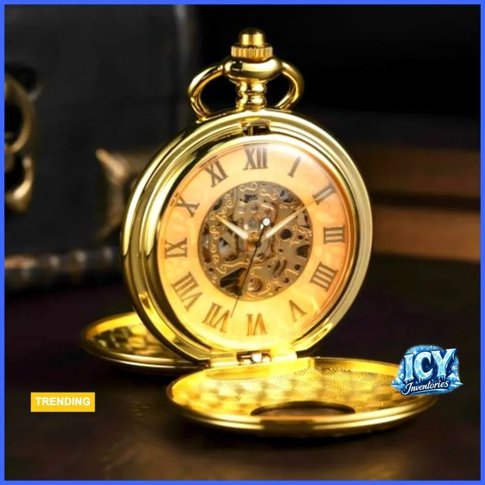 Skeleton Mechanical Pocket Watch Roman Numerals Dial with Chain
